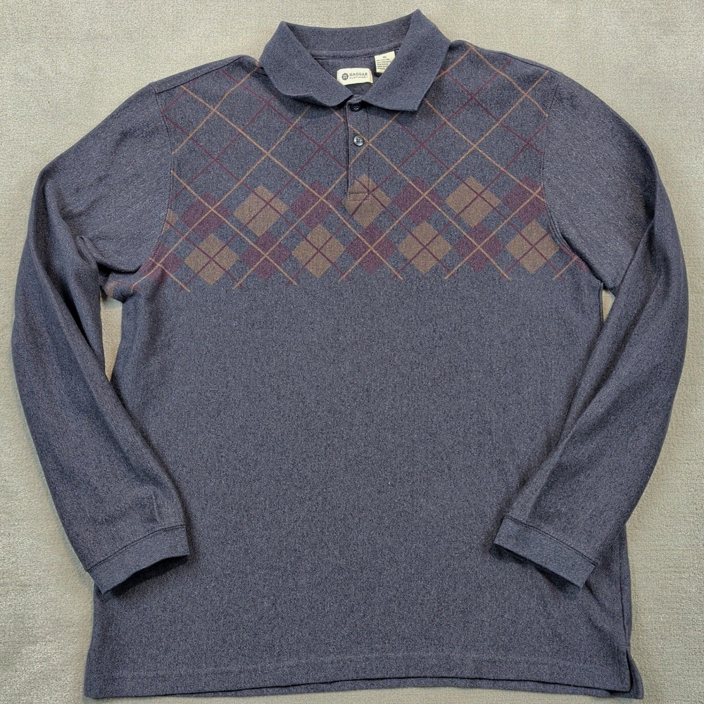 Haggar Polo Shirt Mens XL Gray Argyle Long Sleeve Knit Vintage Cotton Blend